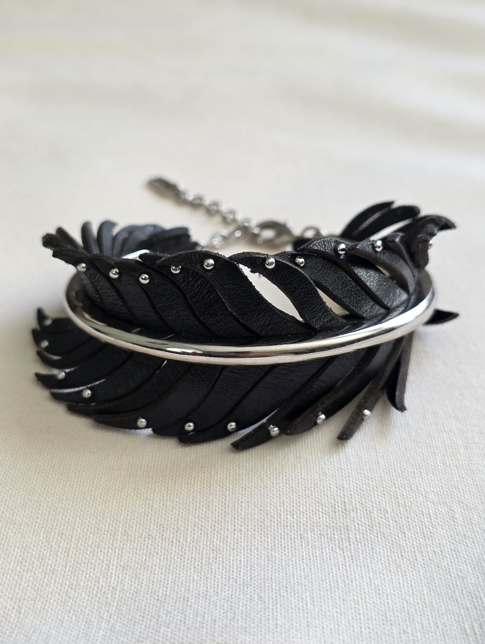 Coach Runway Black Leather Feather Cuff Bracelet Silver Tone Size 6.5